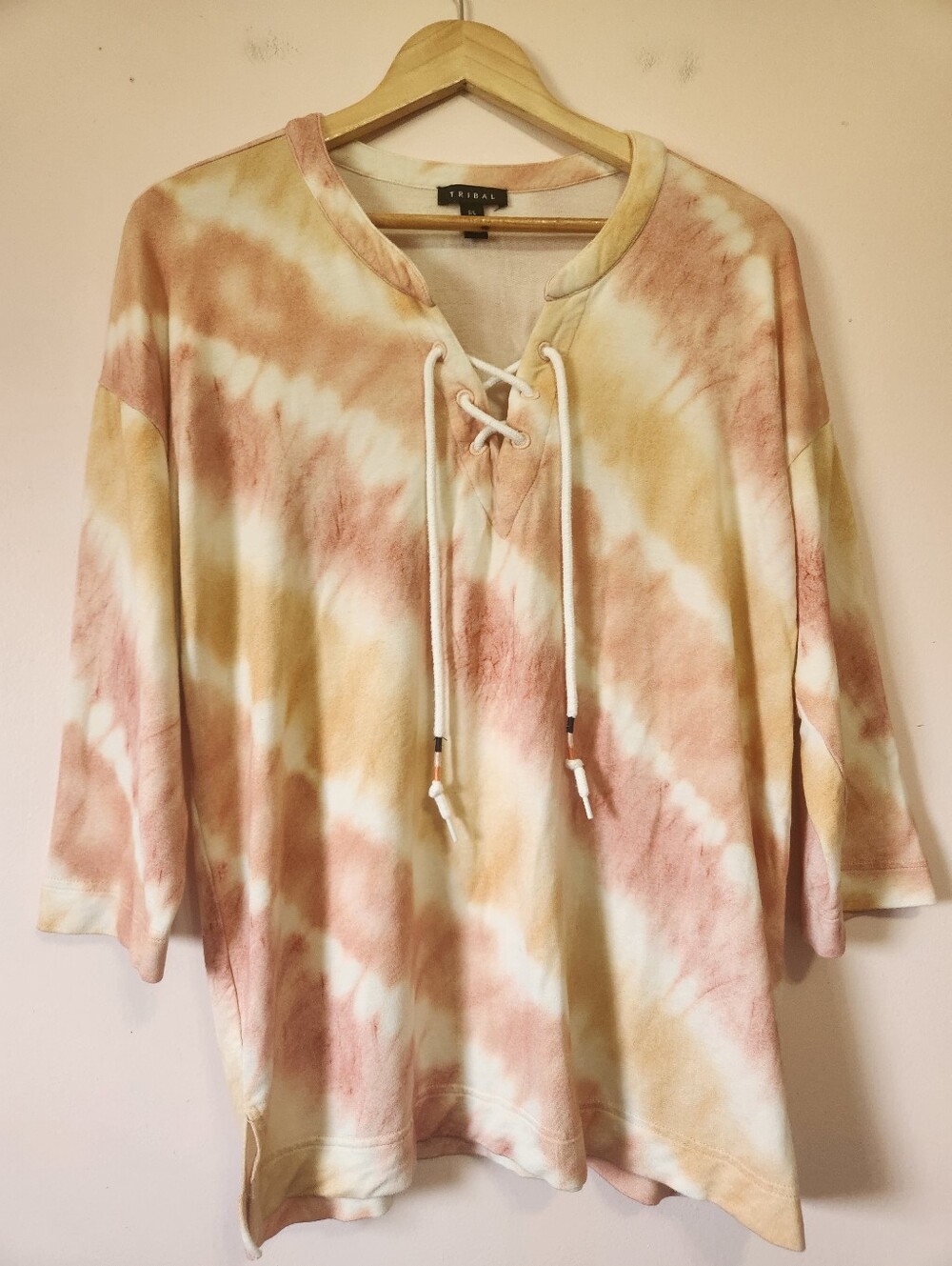 Tribal Earth Tone Tie Dye French Terry Lace Up Top Sz L, Like New Boho Cozy Chic